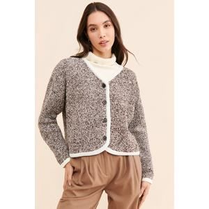 Flat White Sweater Lady Cardigan SZ XS Brown Marled Contrast Cardi Preppy EUC